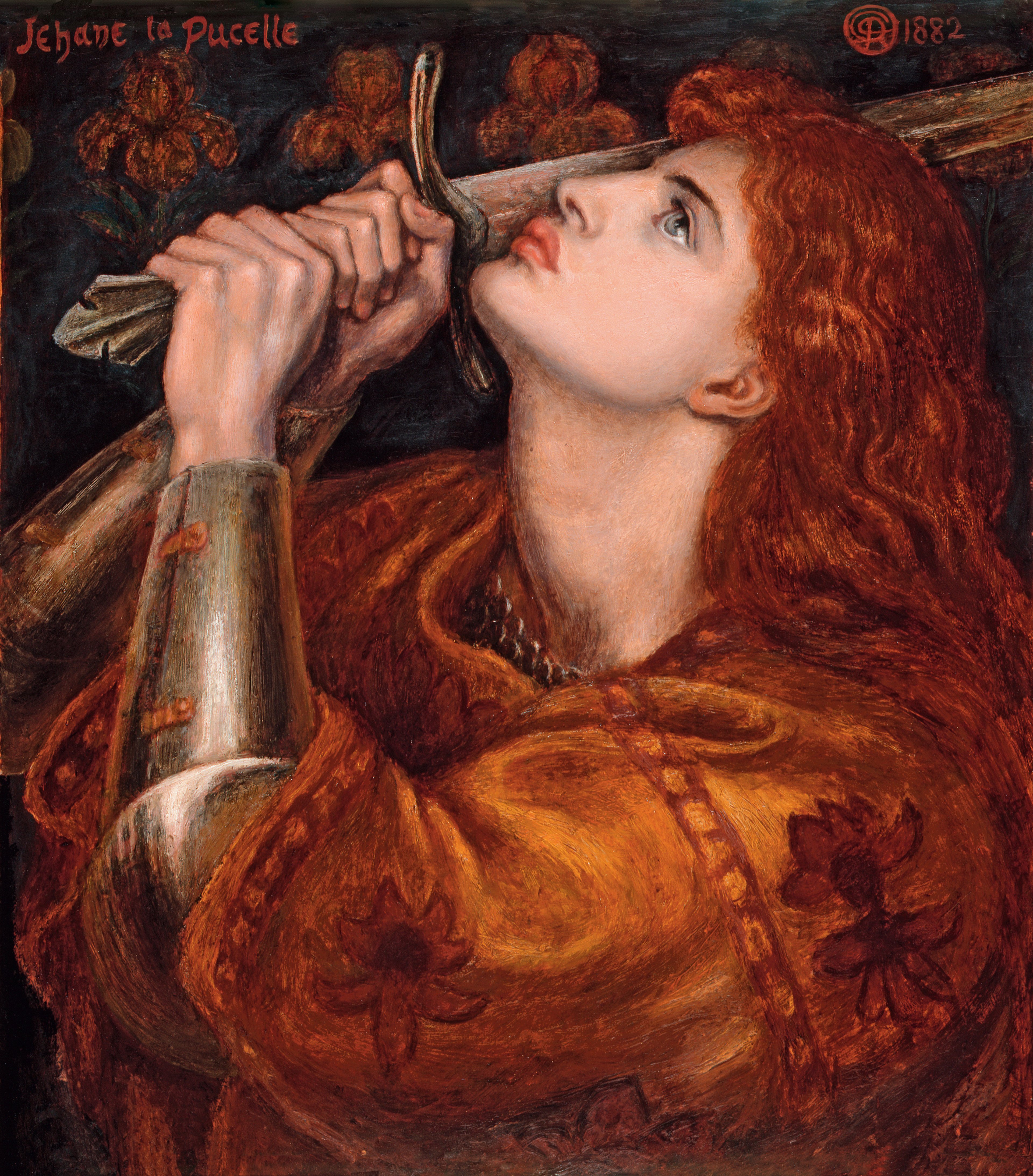 joan of arc wields a sword in this painting by Gabriel Rosetti