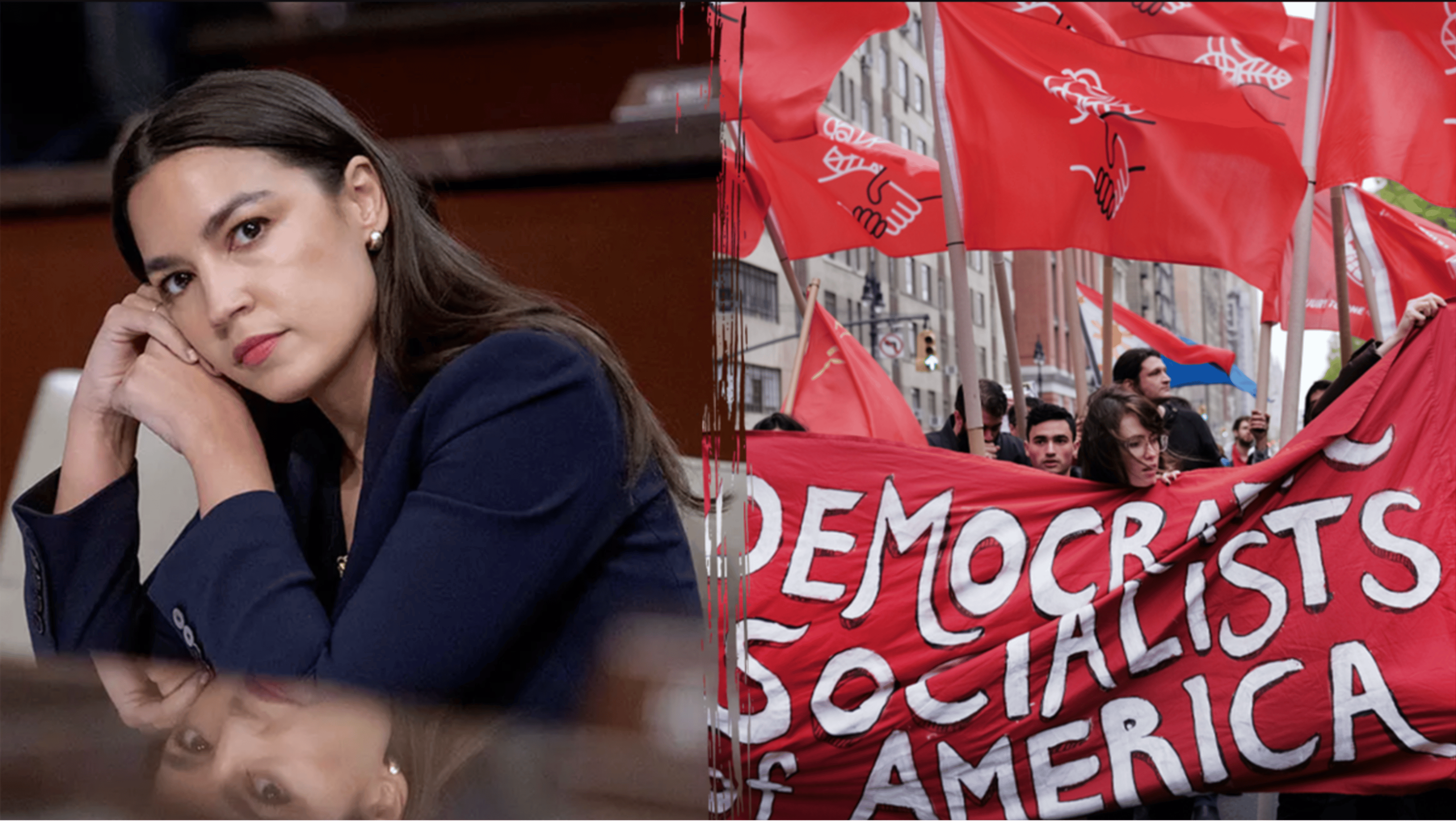 AOC Contemplates Victory while DSA Members March behind our Banner