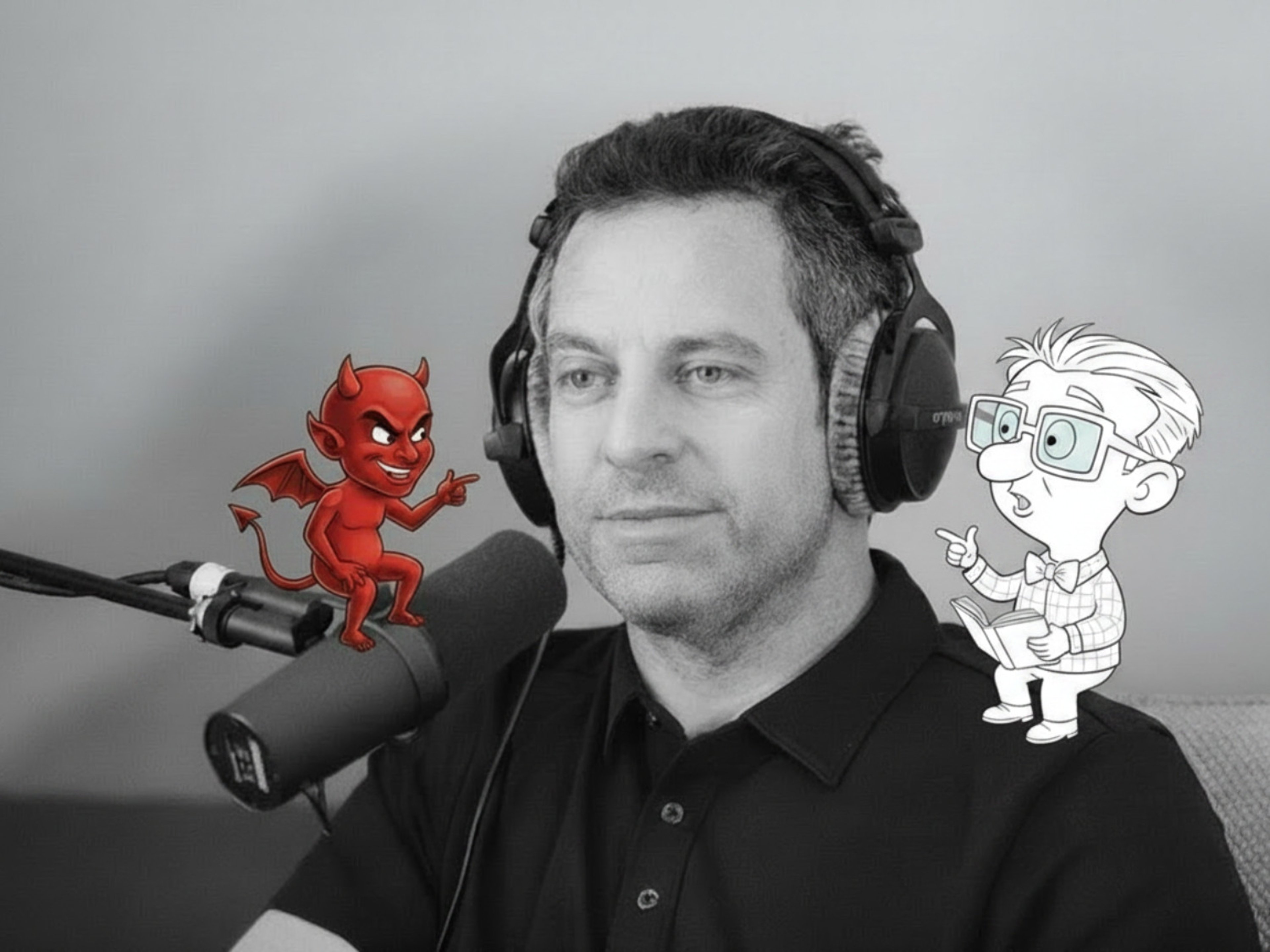 Sam Harris with an angel and a devil on his shoulder.
